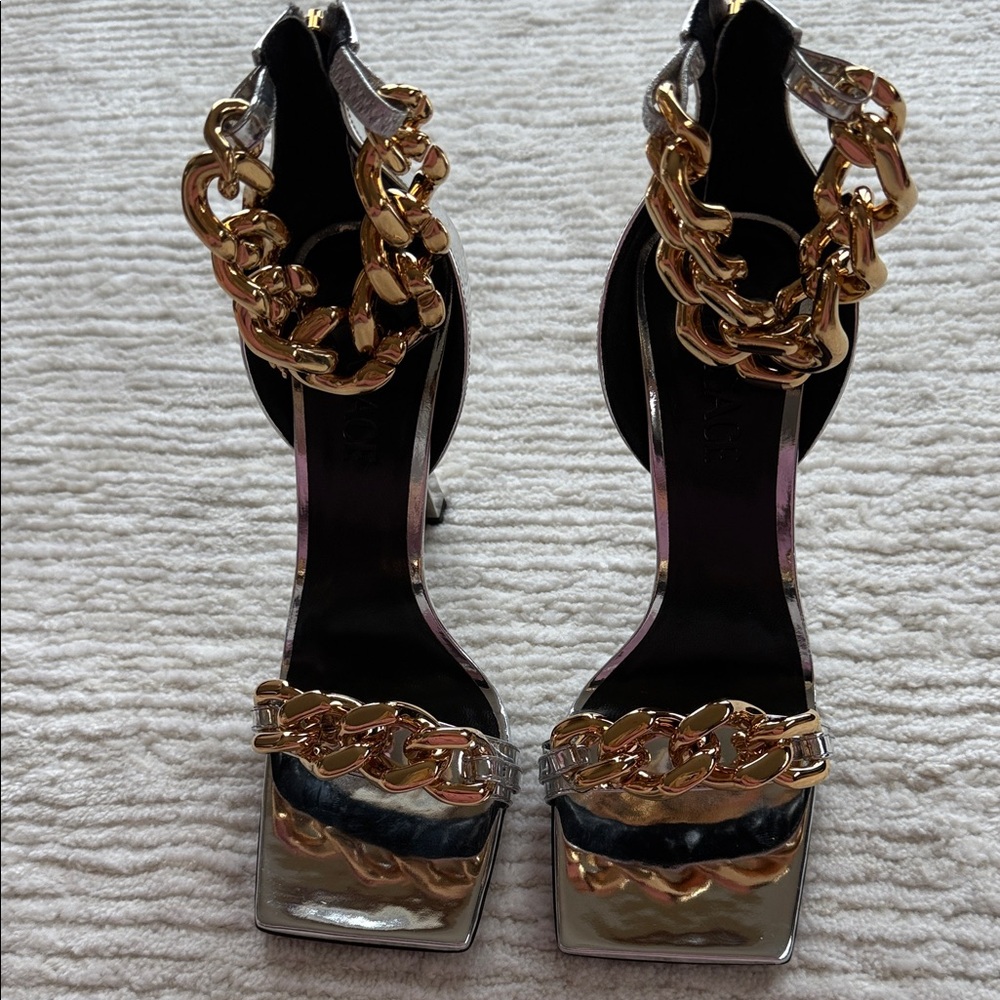 Versace Silver Heels with Gold Chain Accents size 41 - Picture 13 of 15